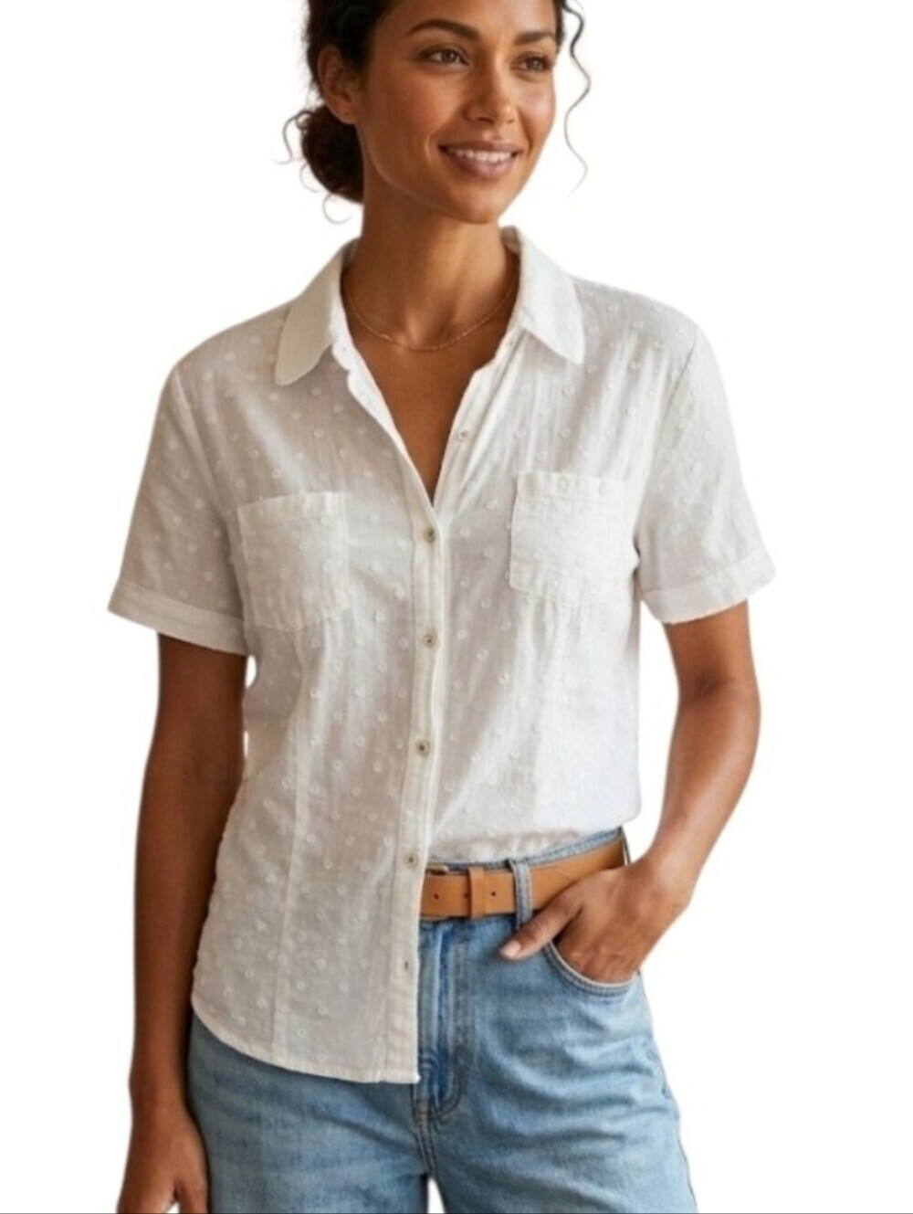 Alexandra Bartlett White Dot-Embossed Short Sleeve Button Up Top
